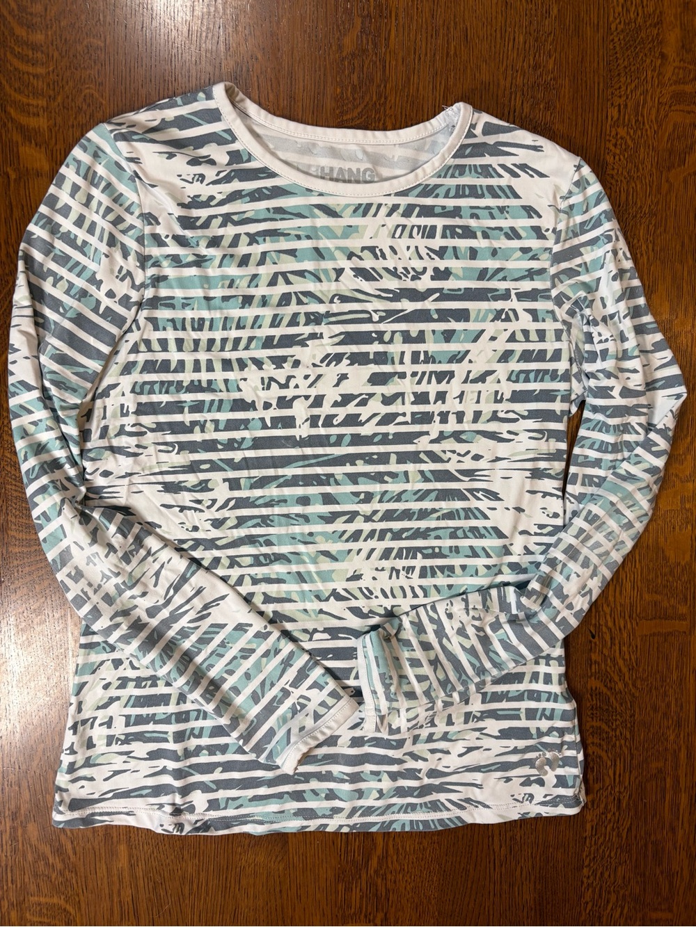 Hang Ten Striped Palm-Print Long Sleeve Rash Guard in White, Aqua, and Gray